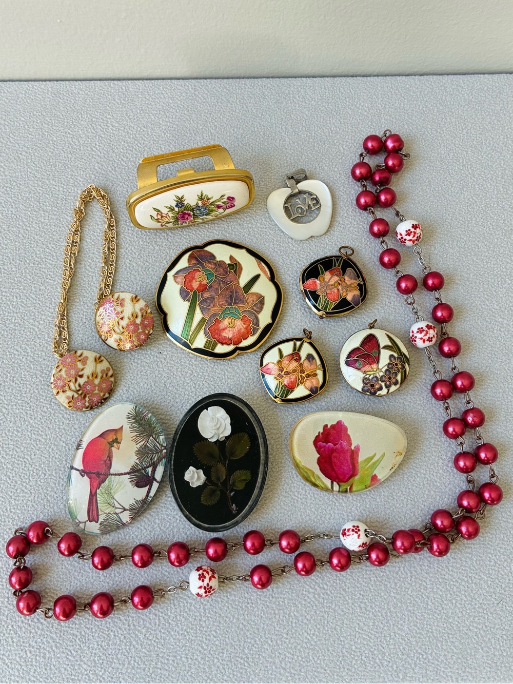Jewelry Lot, Floral Enamel Pendants, Brooch, Vintage Mix
